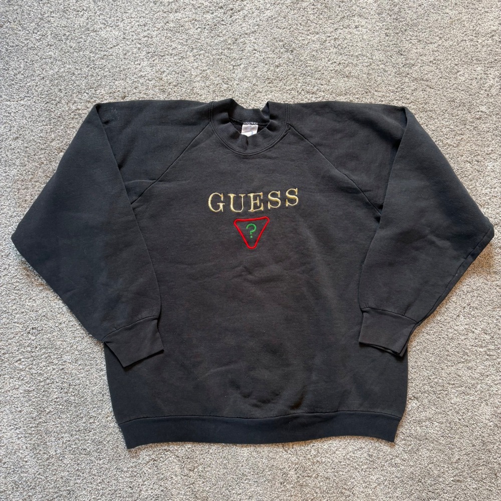 Vintage Guess Sweatshirt XL Faded Black Embroidered Triangle Logo 90s USA Made
